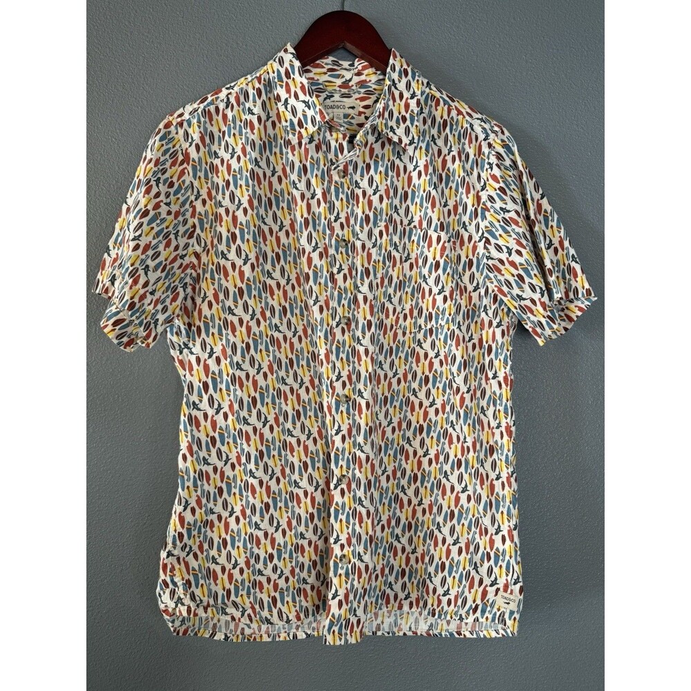 Toad&Co Fletch SS Shirt Mens Medium Surfboard Print Organic Cotton Button Up